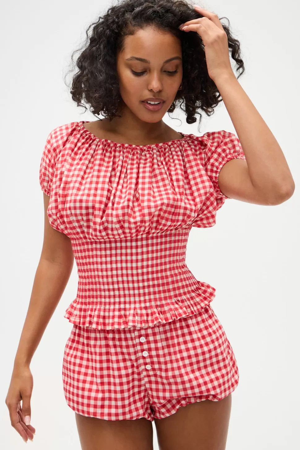 Frankies Bikinis Tops>Cider Gingham Blouse Cherry Gingham