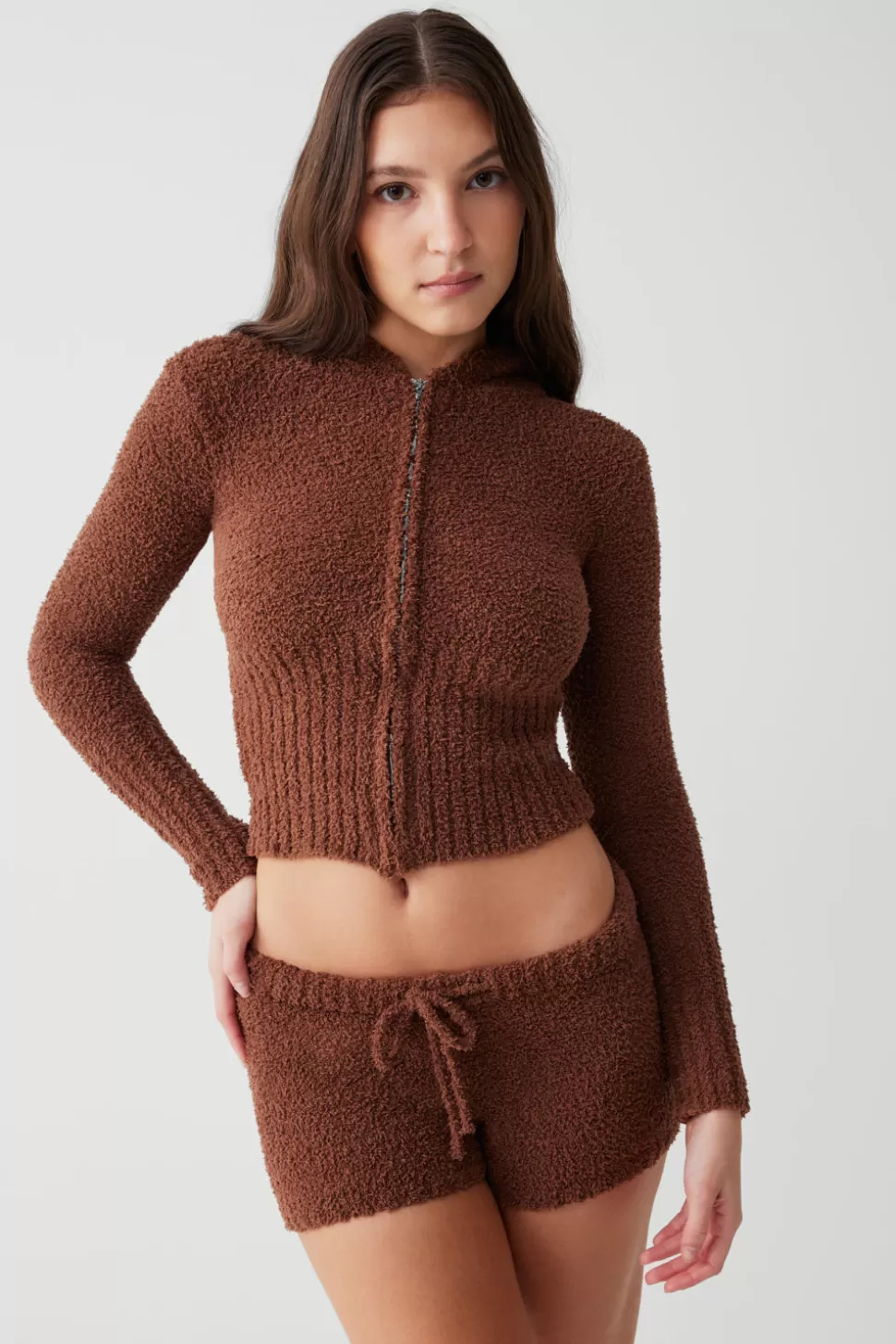 Frankies Bikinis Tops>Harlowe Fuzzy Zip Up Hoodie Chocolate Lily