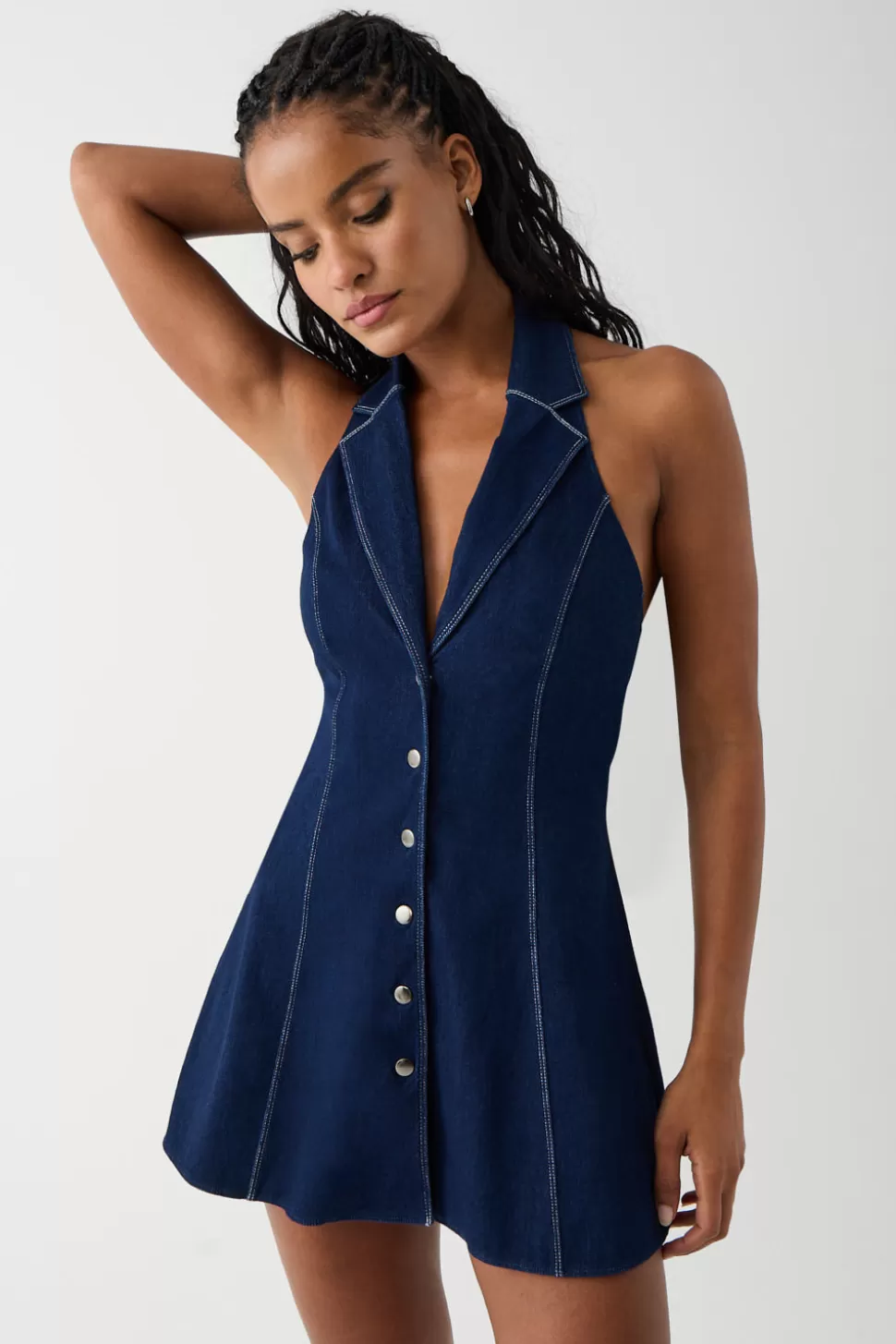 Frankies Bikinis Dresses>Moonlight Denim Halter Dress Blue Denim