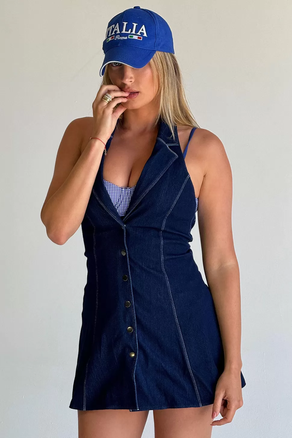 Frankies Bikinis Dresses>Moonlight Denim Halter Dress Blue Denim