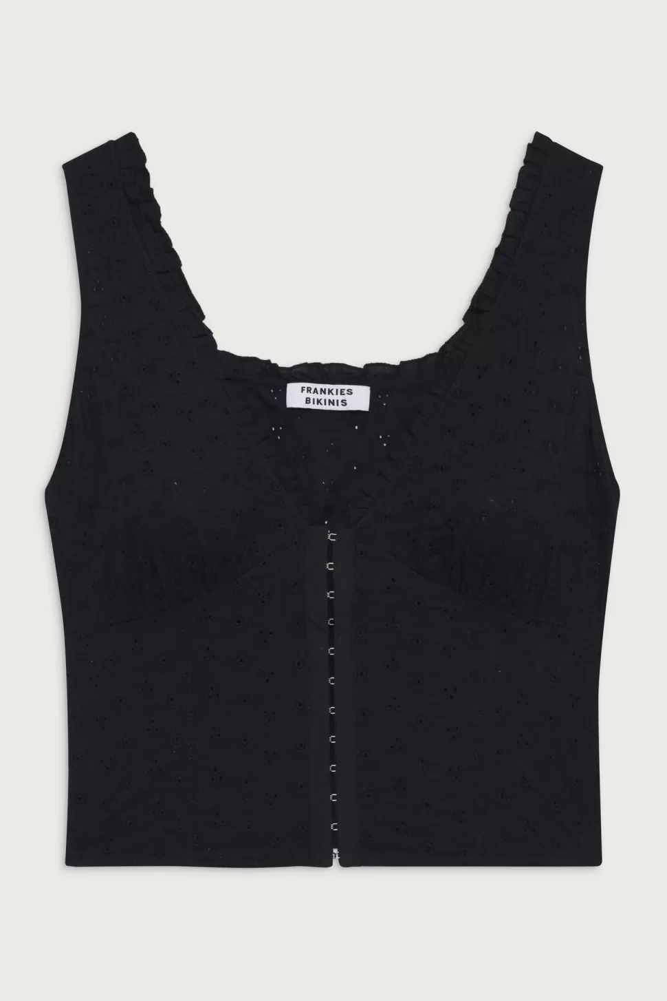 Frankies Bikinis Tops>Tea Eyelet Ruffle Tank Black