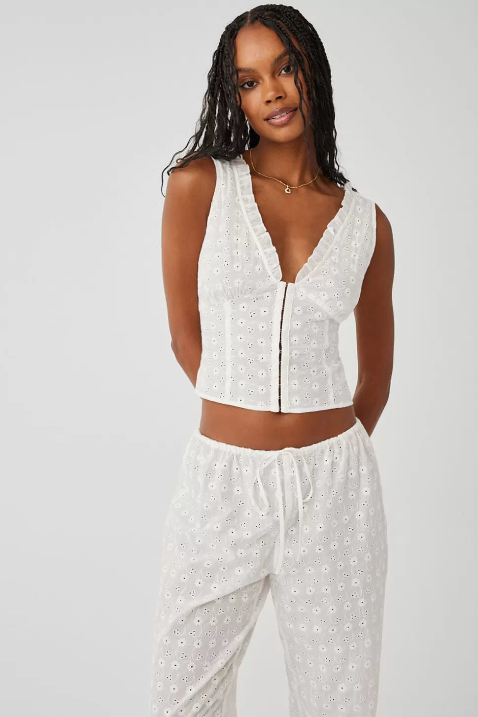 Frankies Bikinis Tops>Tea Eyelet Ruffle Tank White